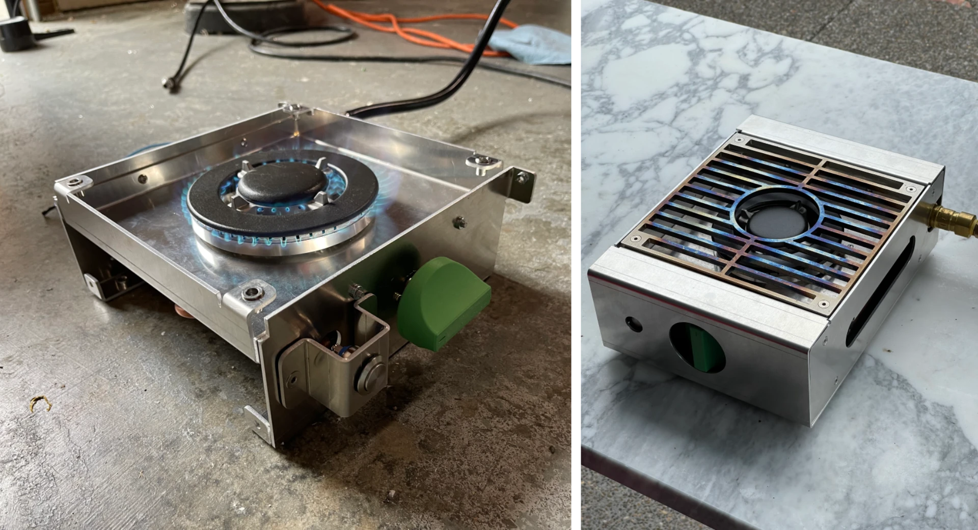 real images of single burner prototype, showing working burner and assembly