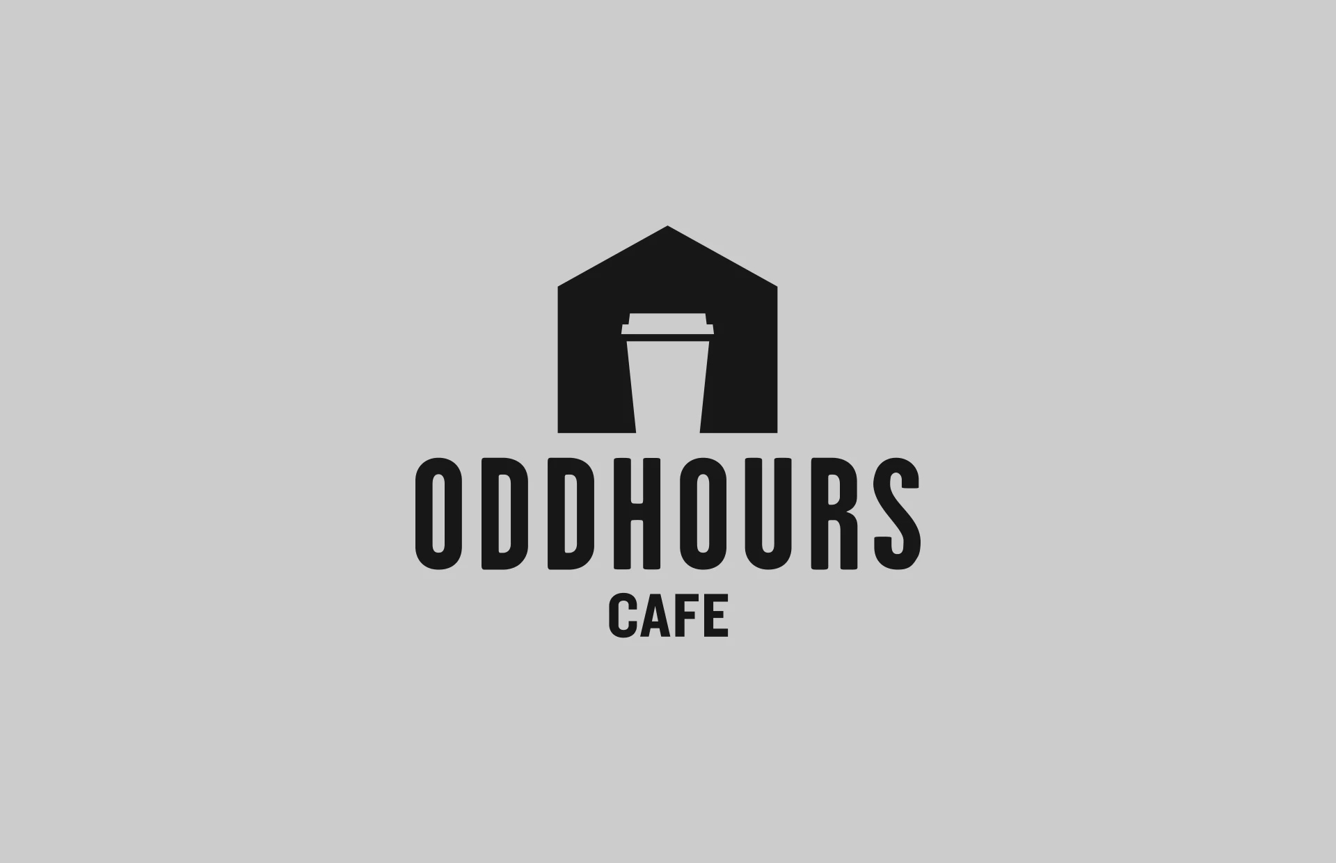 oddhours cafe logo made showing wordmark and house logo with takeaway coffee cup for a door