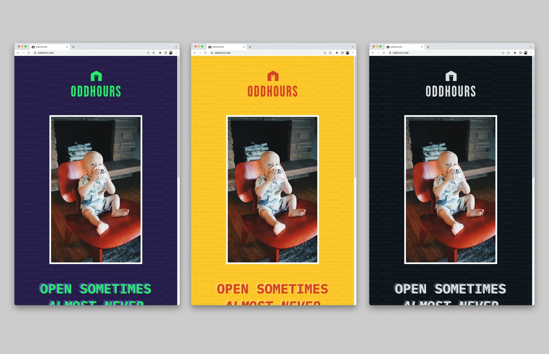 triptych of oddhours website showing different color themes