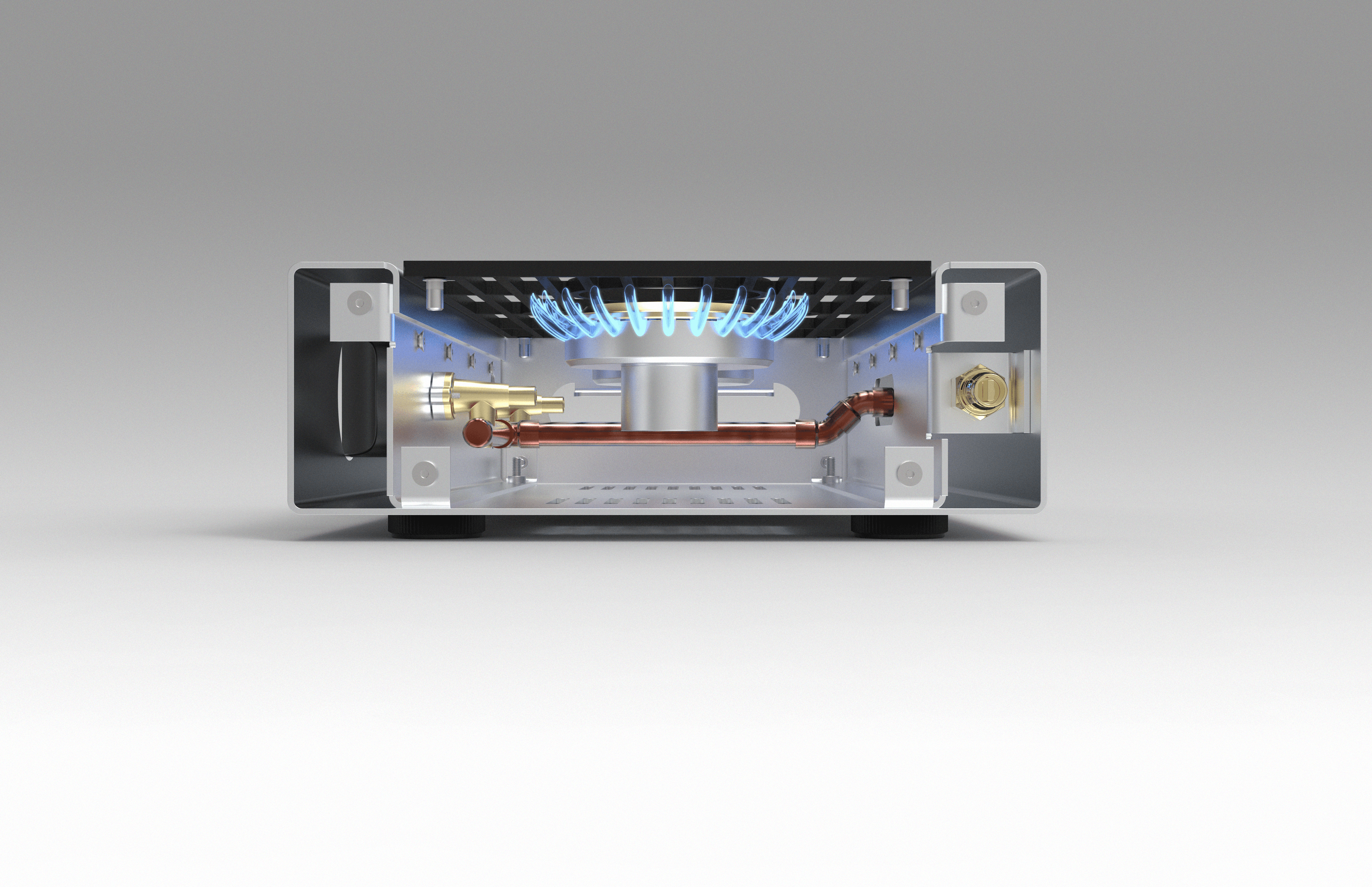 cutaway image of minimal metal camping stove showing flame elements, piping and burner - rendering