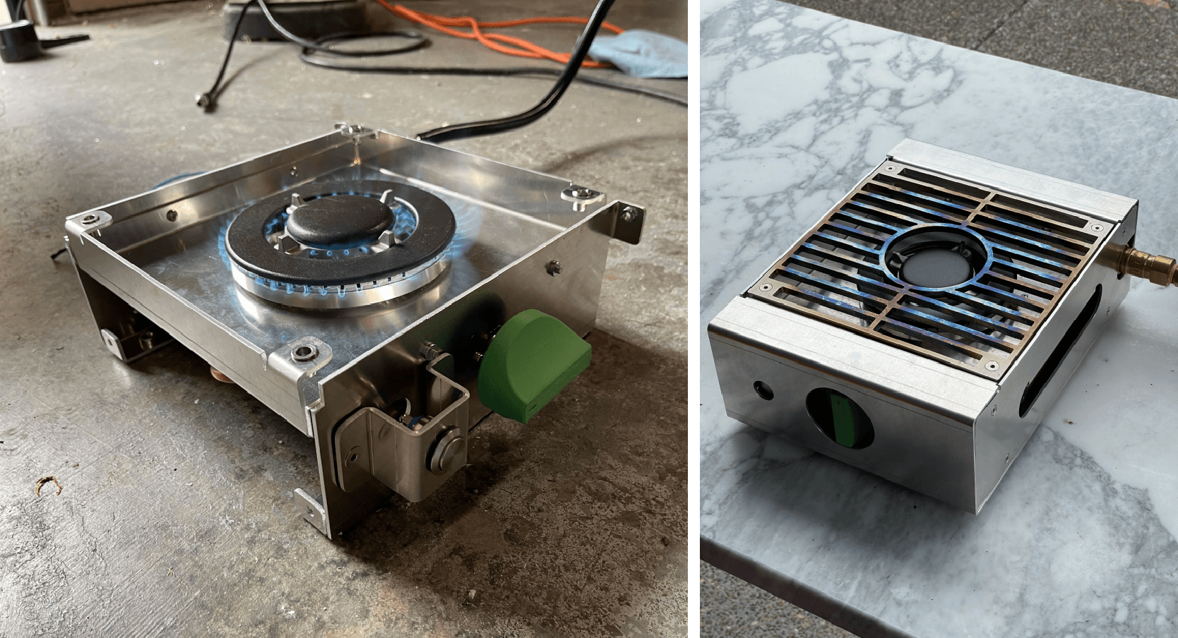 real images of single burner prototype, showing working burner and assembly