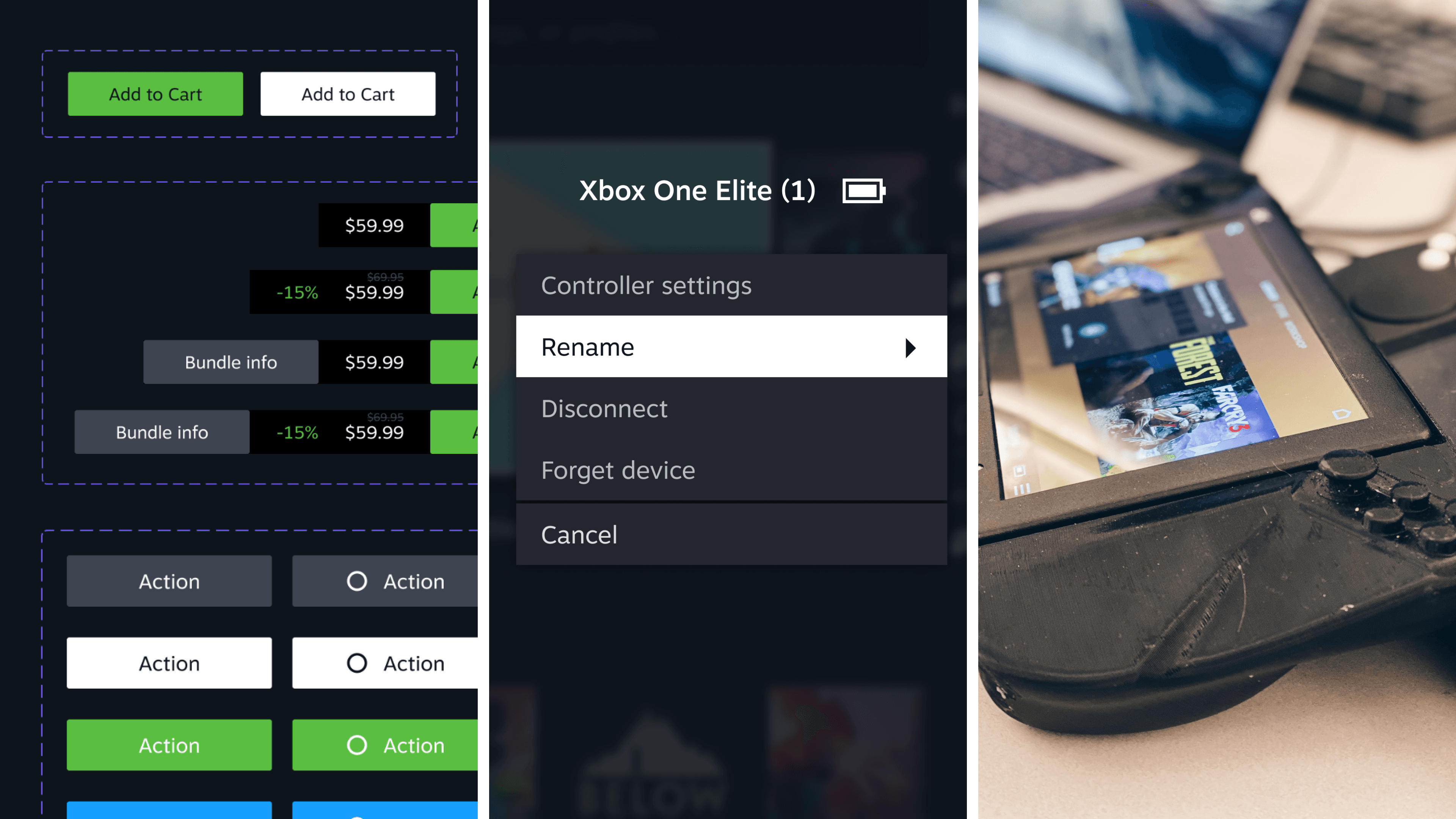 triptych of images showing from left to right components of the design system, buttons, etc. In the center an image of a steamdeck ui screen layout, and on the right an image showing prototype hardware and code