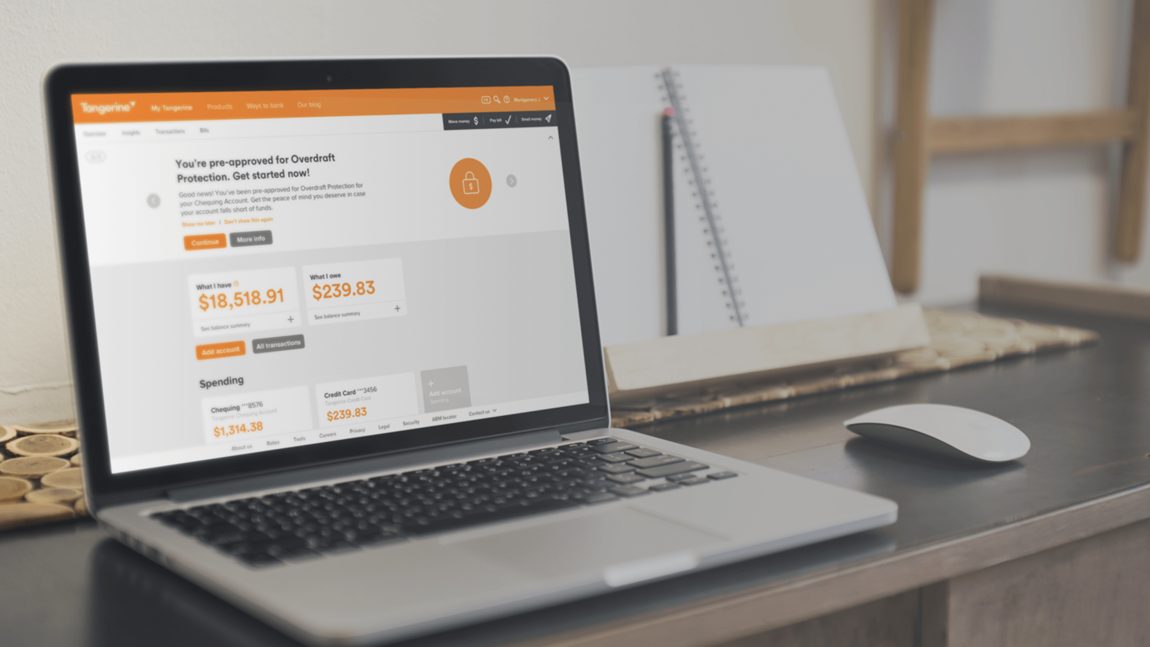 composite image of laptop on a desk showing the tangerine account overview page