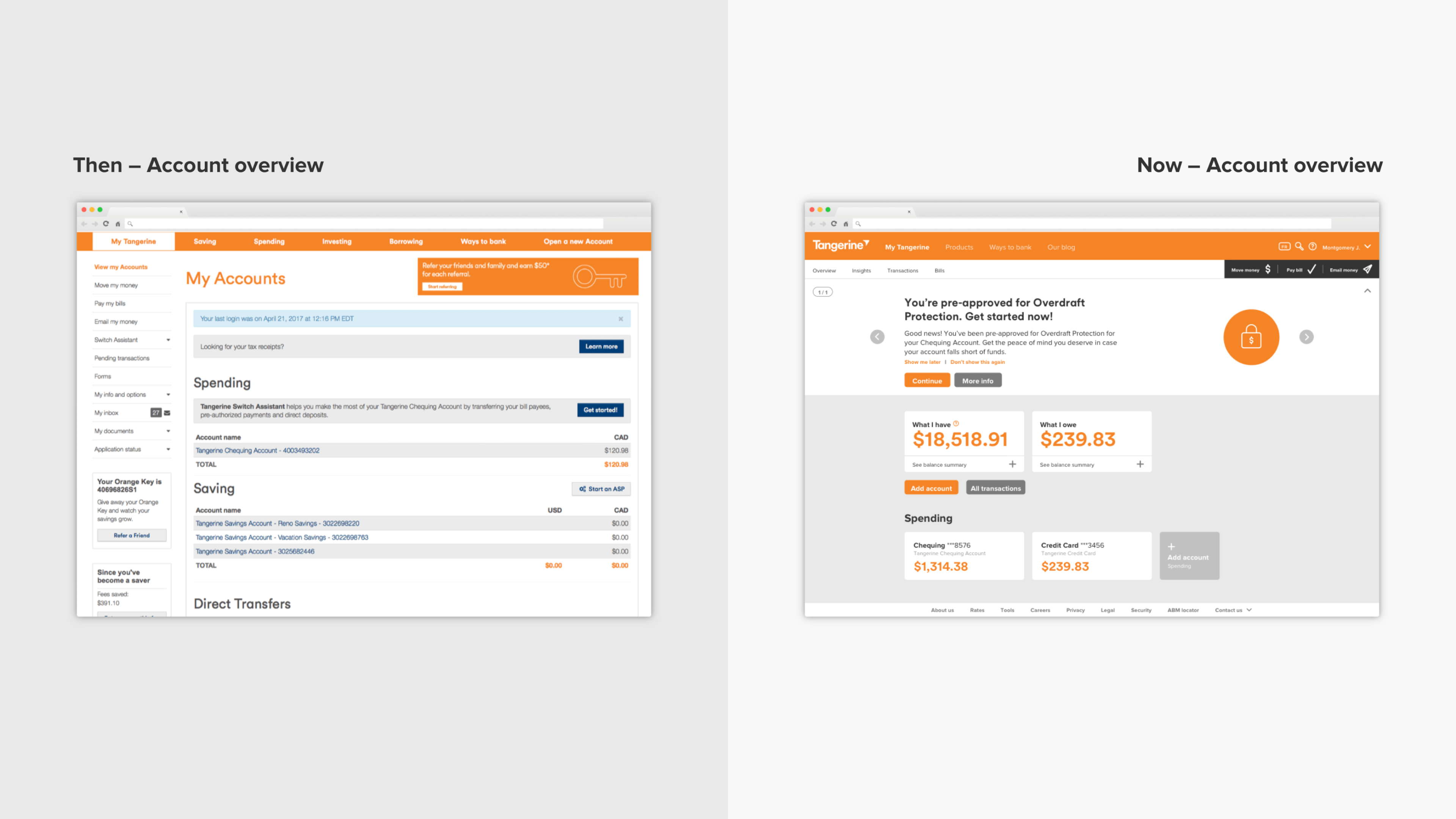 diptych image showing before an after of the tangerine account overview page