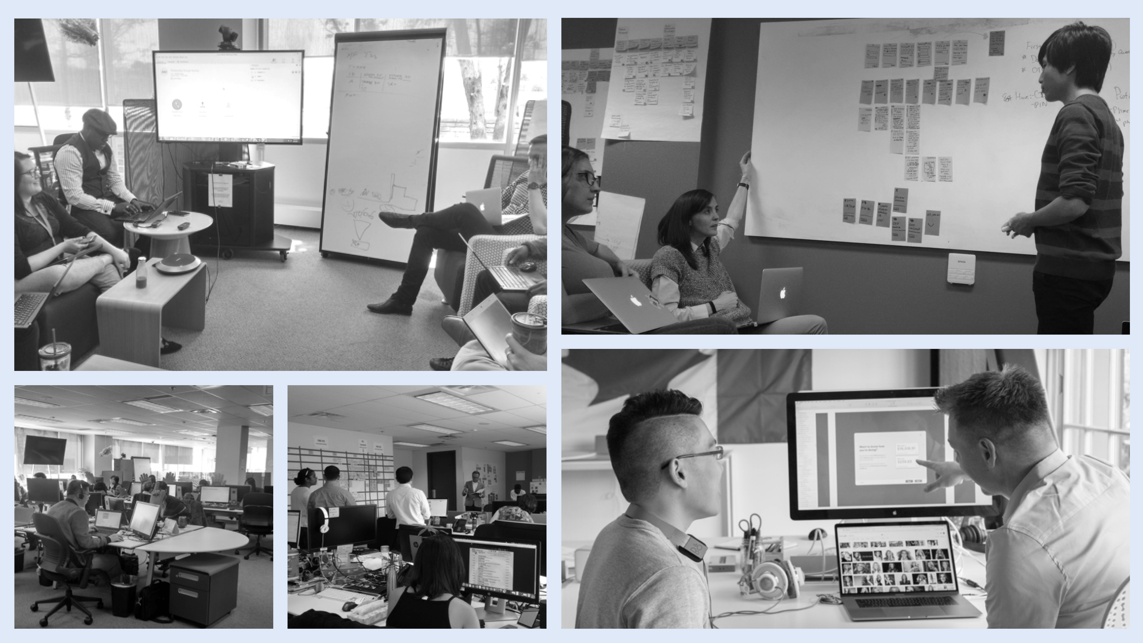 black and white collection of images showing tangerine clients and the artefact team working through problems