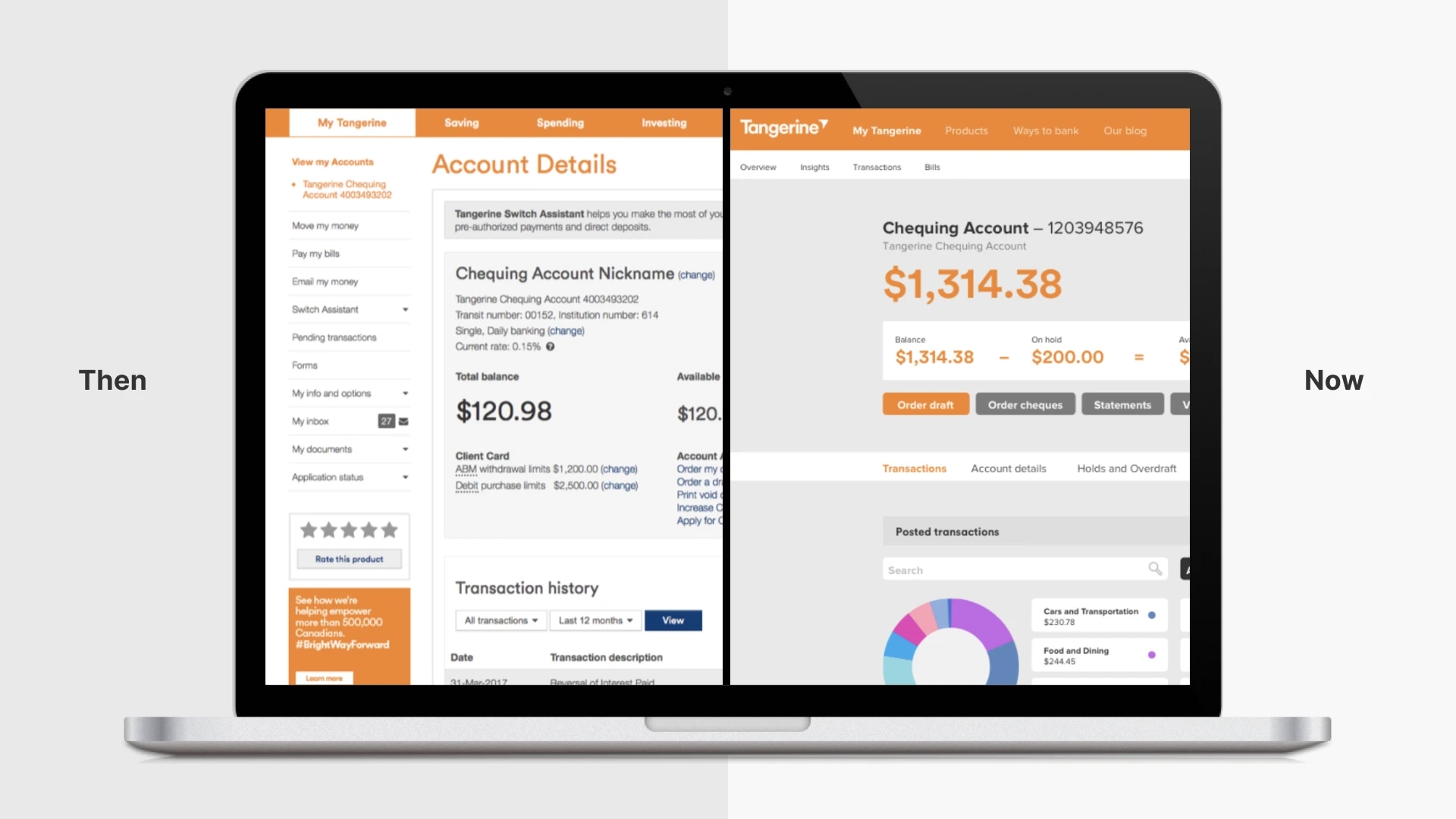 diptych image composited into a laptop screen showing before an after of the tangerine account details page