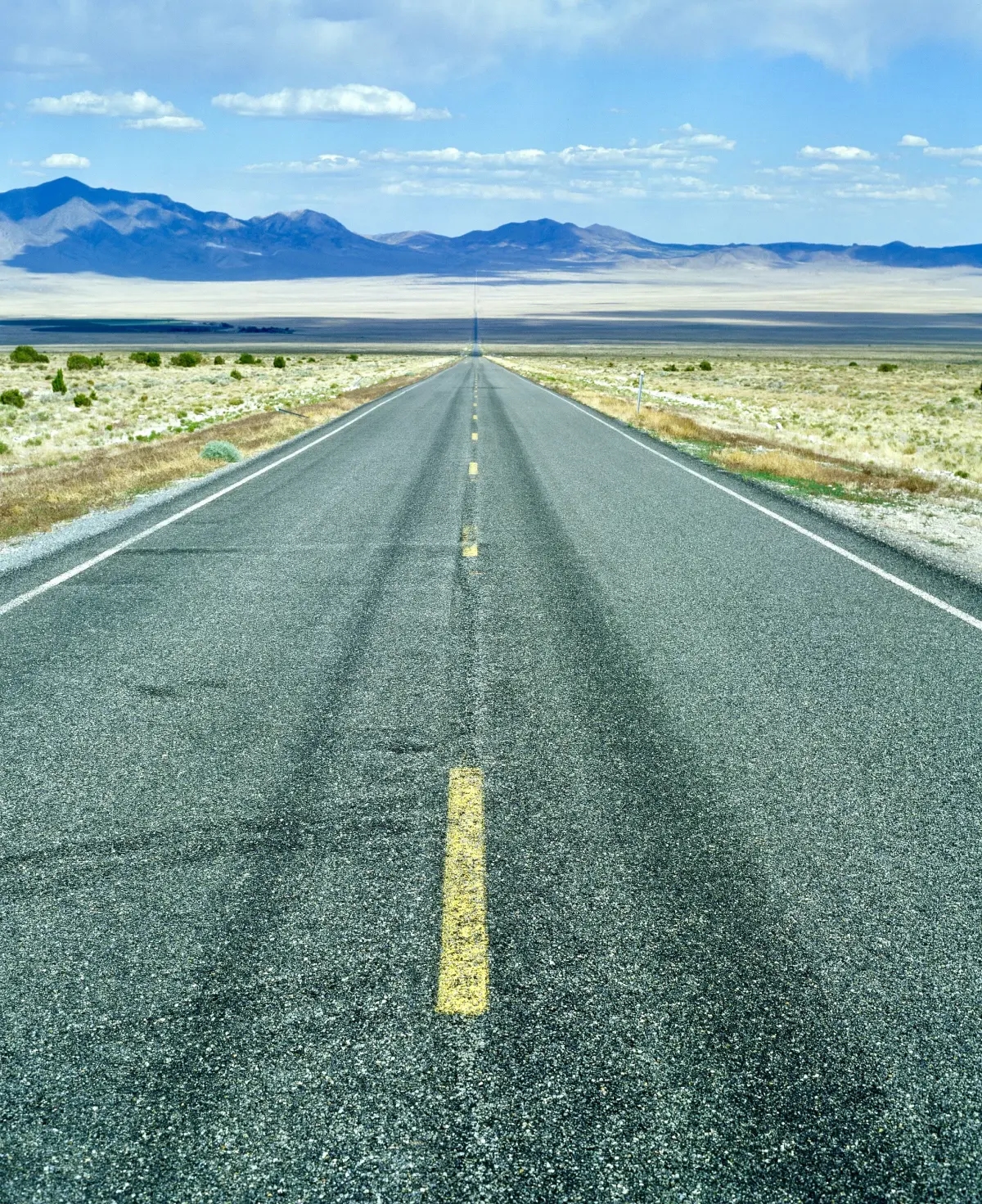 desert highway stretches into the distance across a great basin converging at an infinite vanishing point